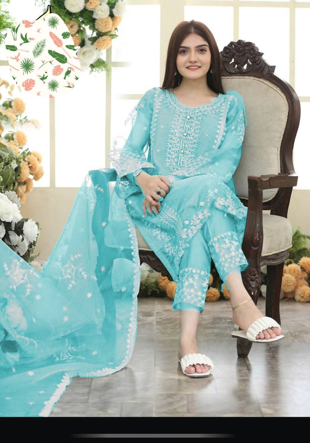URGE AIRJET DHANAK 3PC SKY BLUE EMBROIDERED SUIT WITH PRINTED SHAWL