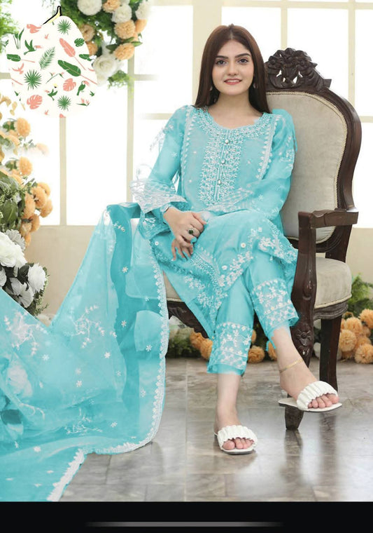 URGE AIRJET DHANAK 3PC SKY BLUE EMBROIDERED SUIT WITH PRINTED SHAWL