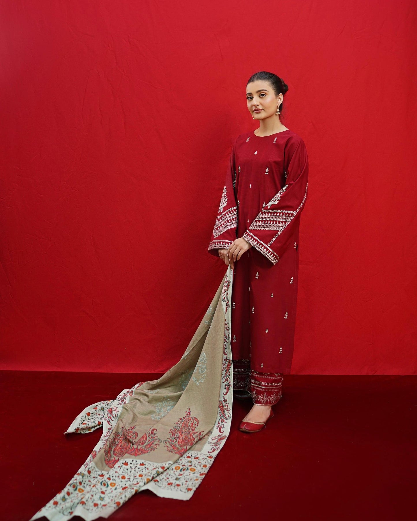 URGE AIRJET DHANAK 3PC MAROON EMBROIDERED SUIT WITH PRINTED SHAWL