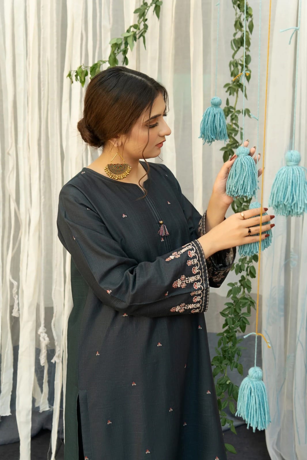 URGE AIRJET DHANAK 3PC DARK GREEN EMBROIDERED SUIT WITH PRINTED SHAWL