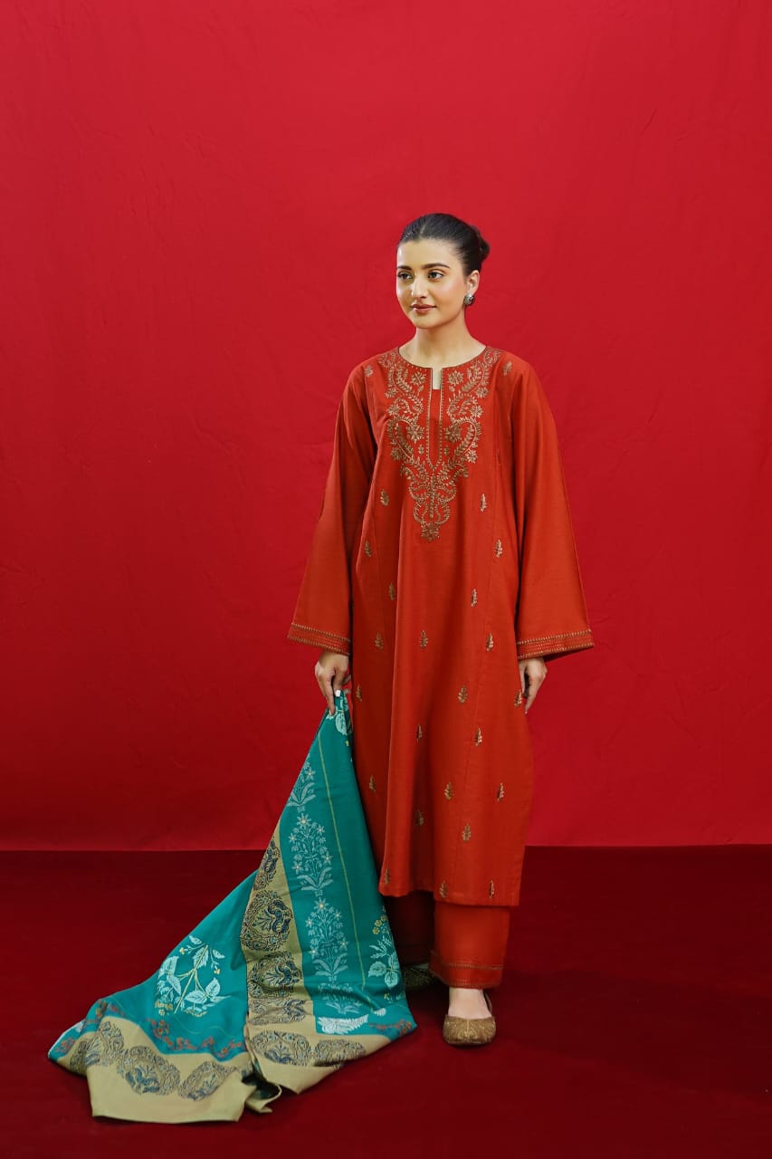 URGE AIRJET DHANAK 3PC RED EMBROIDERED SUIT WITH PRINTED SHAWL