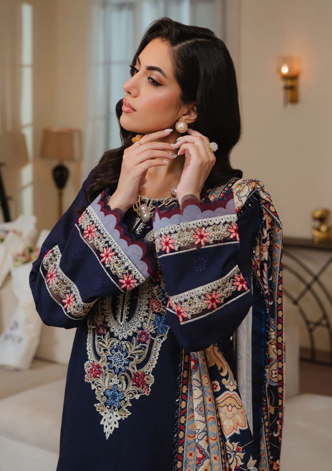 ZARA SHAHJAHAN 3PC (PREMIUM DHANAK) NAVY WITH PRINTED SHAWL