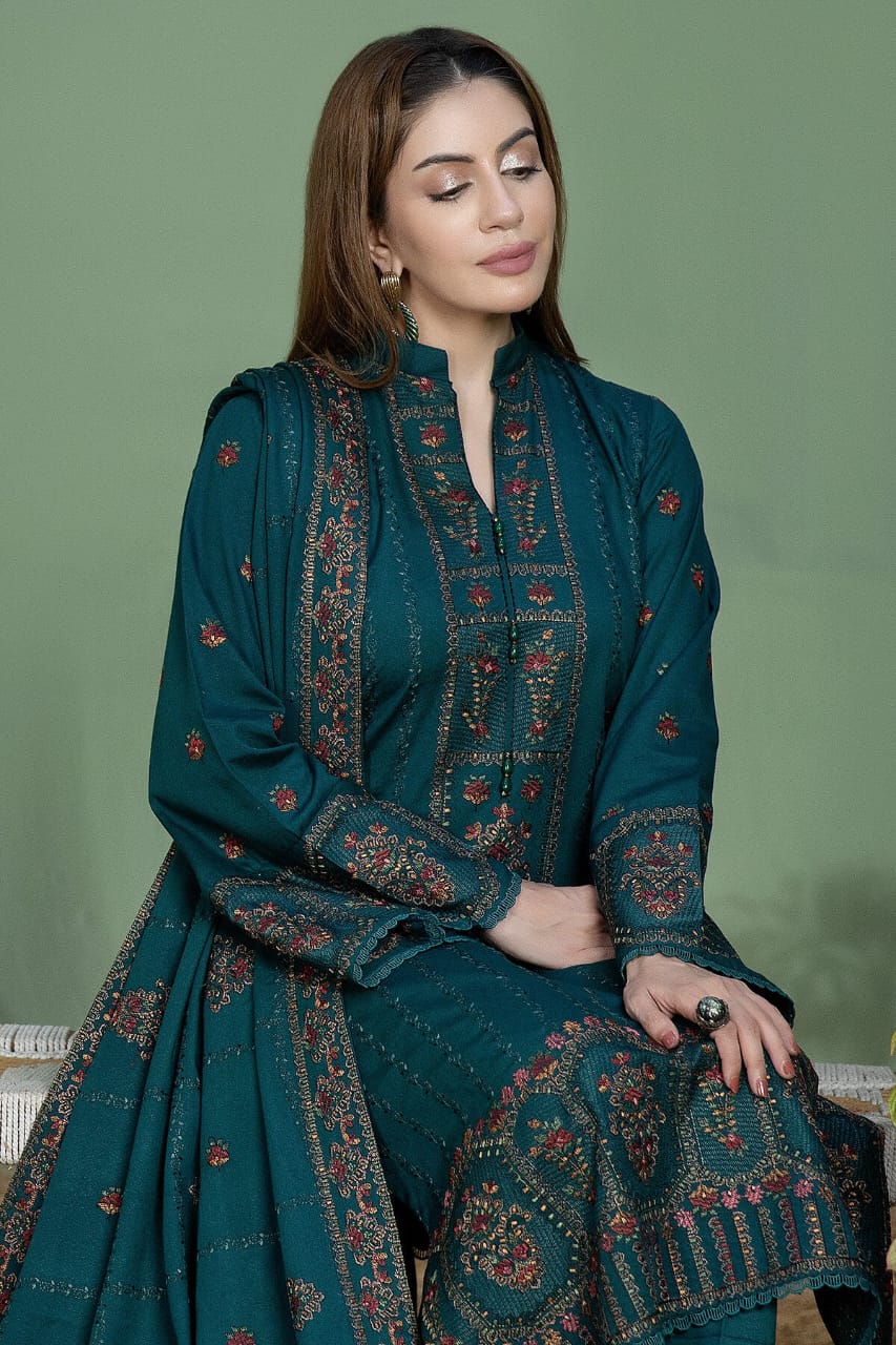 URGE AIRJET DHANAK 3PC ZINC EMBROIDERED SUIT WITH PRINTED SHAWL