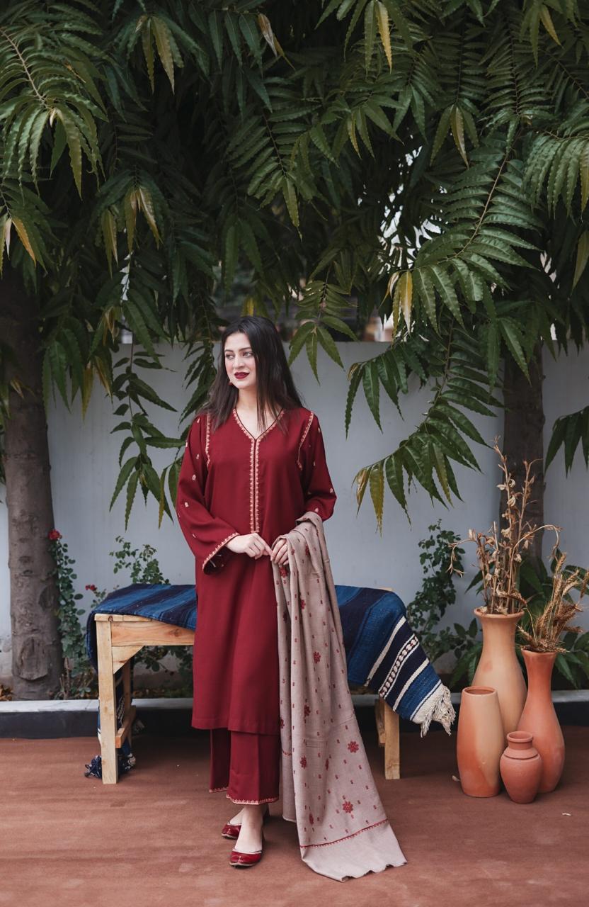 URGE AIRJET DHANAK 3PC MAROON EMBROIDERED SUIT WITH PRINTED SHAWL