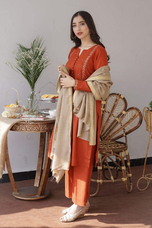 URGE AIRJET DHANAK 3PC ORANGE EMBROIDERED SUIT CREAM SHAWL