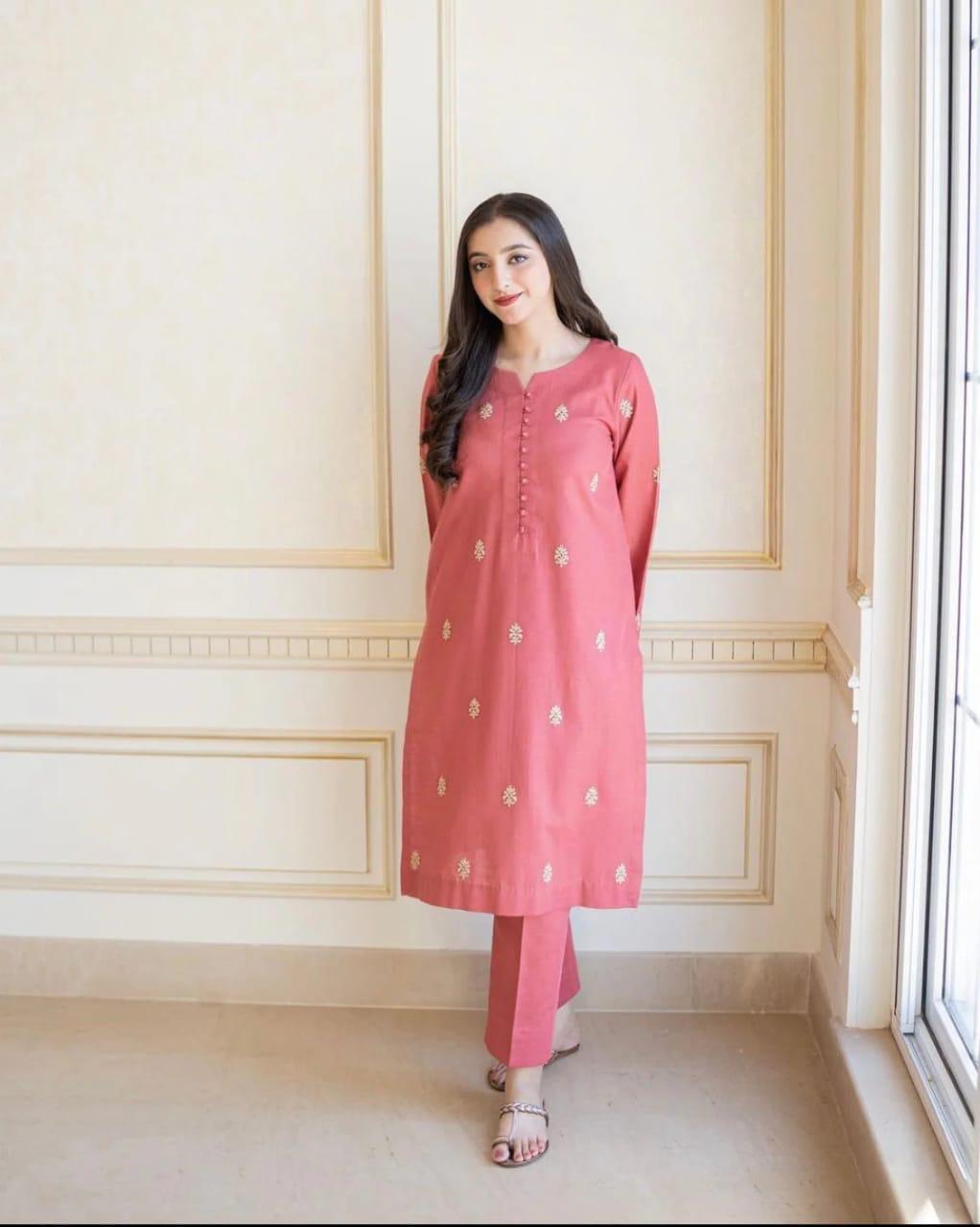 URGE AIRJET DHANAK 3PC PINK EMBROIDERED SUIT WITH SHAWL