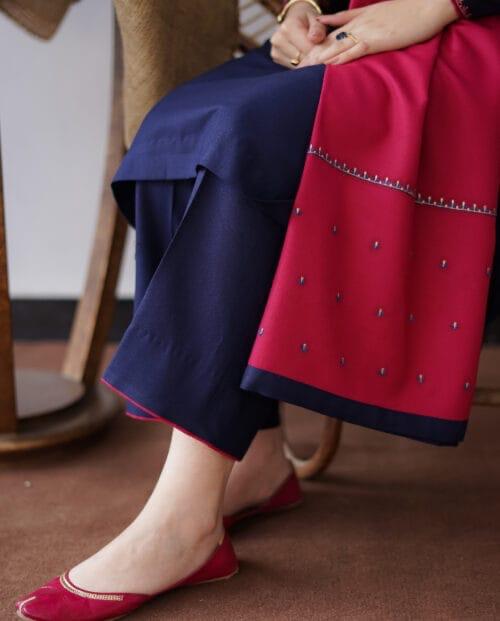 URGE AIRJET DHANAK 3PC BLUE EMBROIDERED SUIT WITH SHAWL