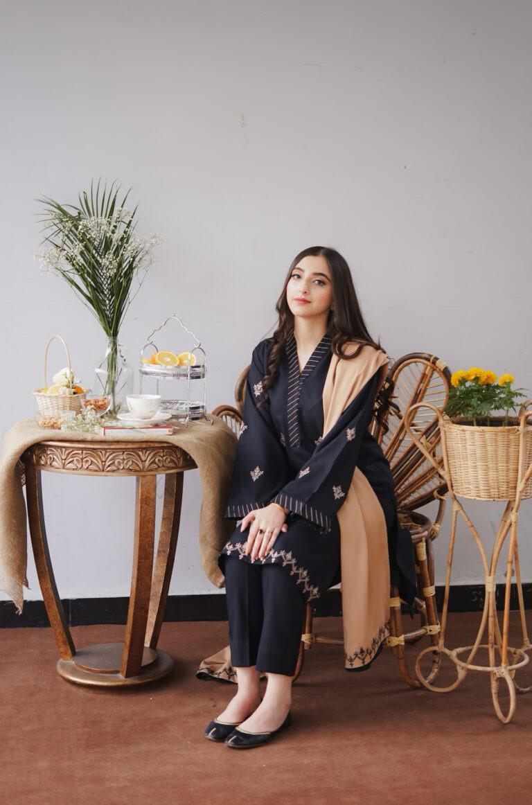 URGE AIRJET DHANAK 3PC BLACK EMBROIDERED SUIT WITH SHAWL
