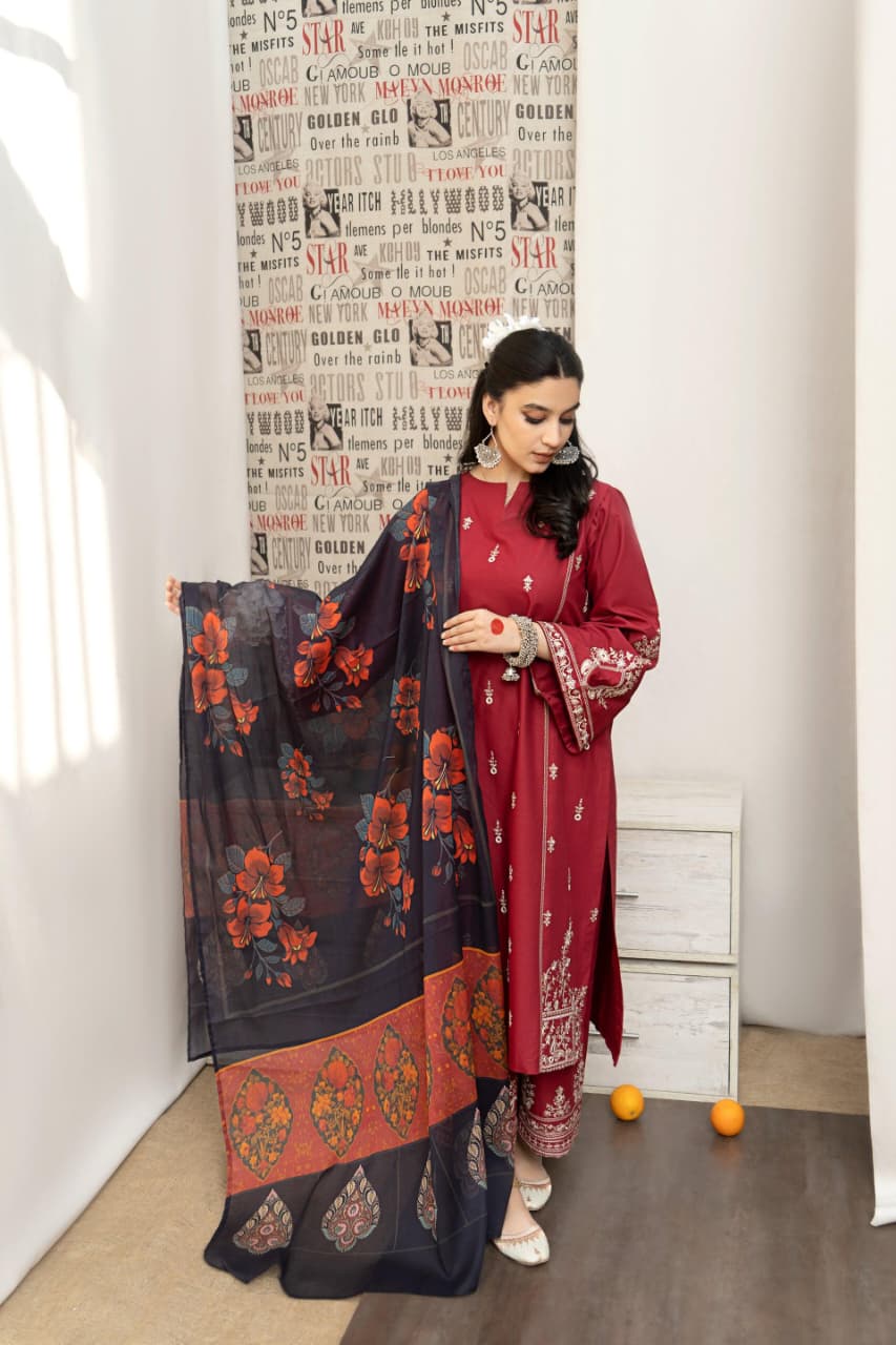 URGE AIRJET DHANAK 3PC RED EMBROIDERED SUIT WITH PRINTED SHAWL
