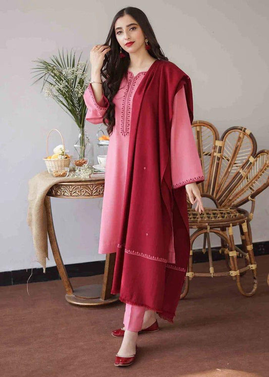 URGE AIRJET DHANAK 3PC PINK EMBROIDERED SUIT WITH PRINTED SHAWL