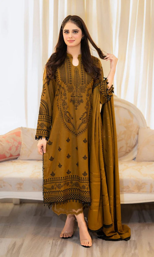 URGE AIRJET DHANAK 3PC YELLOW EMBROIDERED SUIT WITH PRINTED SHAWL