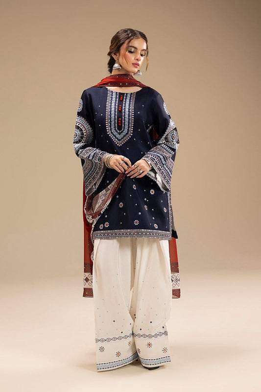 URGE AIRJET FANCY DHANAK 3PC BLUE+WHITE EMBROIDERED SUIT WITH PRINTED SHAWL