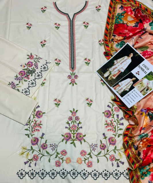 COCO BY ZARA SHAHJAHAN + IZNIK 3PC (PREMIUM DHANAK) CREAM WITH PRINTED SHAWL