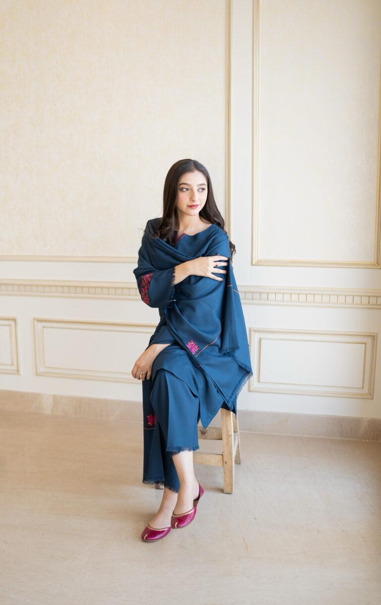 URGE AIRJET DHANAK 3PC BLUE EMBROIDERED SUIT