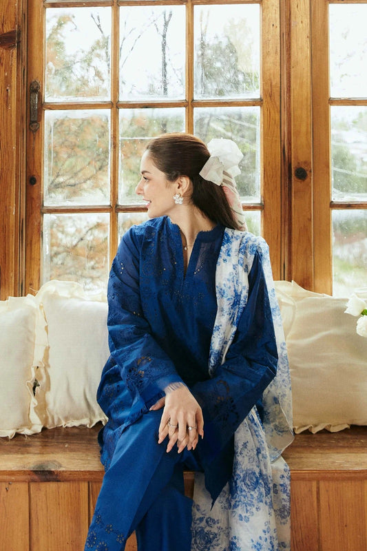 COCO BY ZARA SHAHJAHAN + IZNIK 3PC (PREMIUM DHANAK) NAVY WITH PRINTED SHAWL