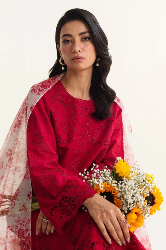 COCO BY ZARA SHAHJAHAN + IZNIK 3PC (PREMIUM DHANAK) RED WITH PRINTED SHAWL
