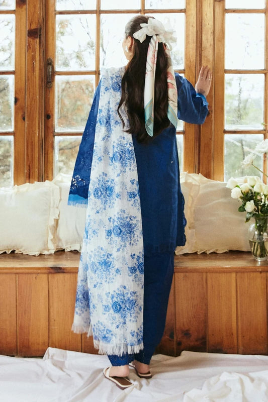 COCO BY ZARA SHAHJAHAN + IZNIK 3PC (PREMIUM DHANAK) NAVY WITH PRINTED SHAWL
