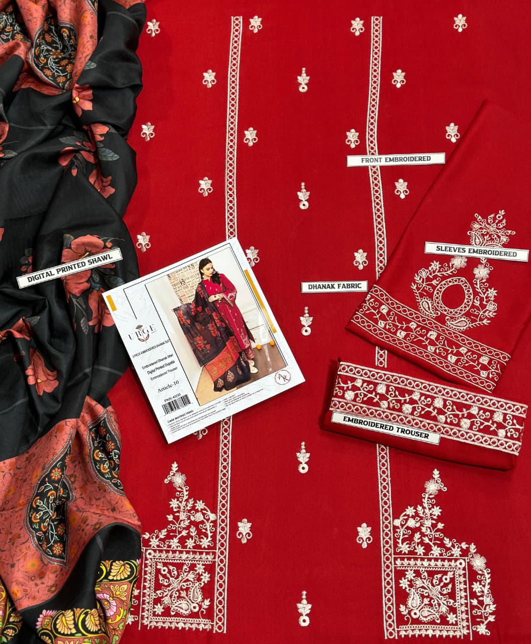 URGE AIRJET DHANAK 3PC RED EMBROIDERED SUIT WITH PRINTED SHAWL