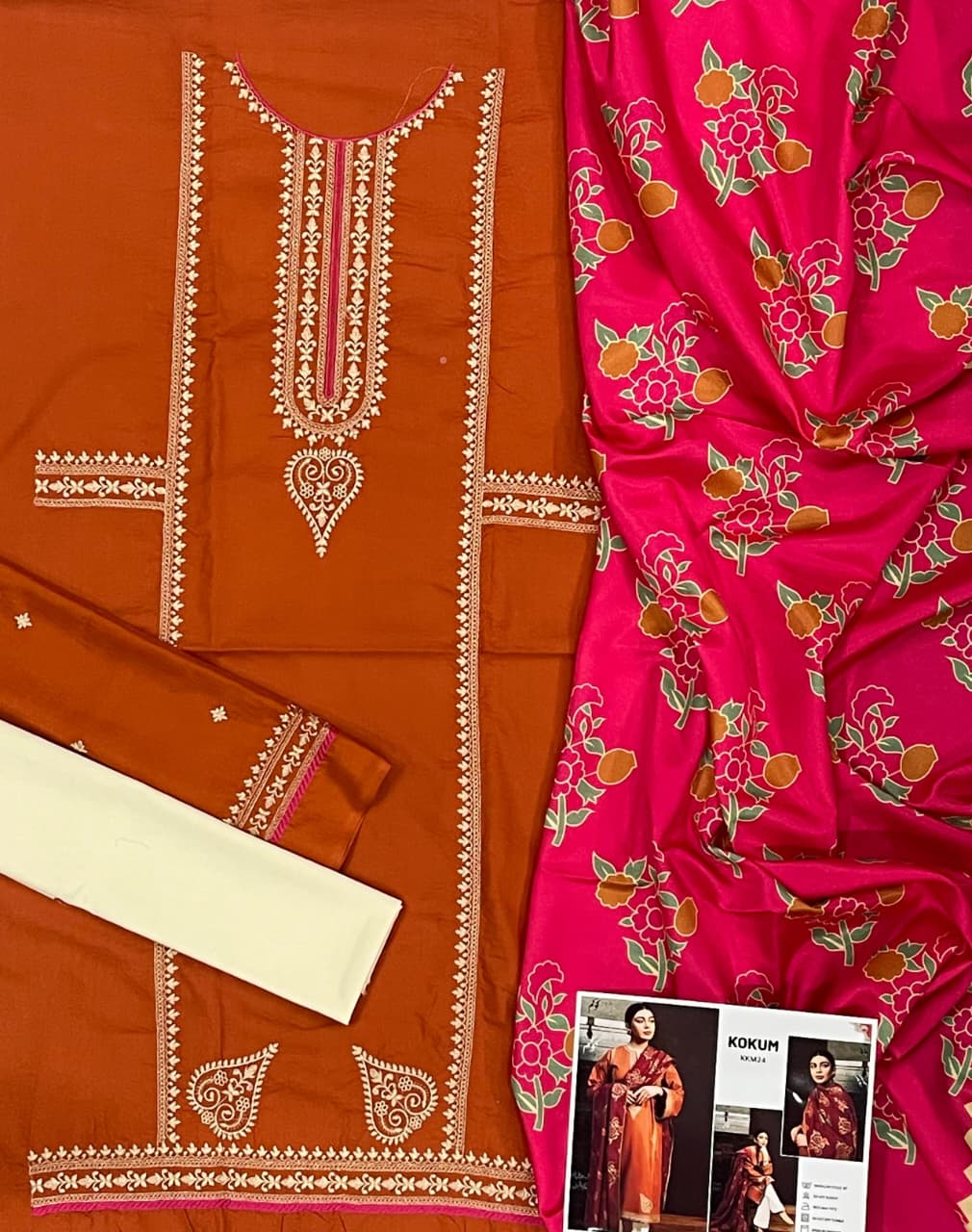 URGE AIRJET DHANAK 3PC ORANGE EMBROIDERED SUIT WITH PRINTED SHAWL
