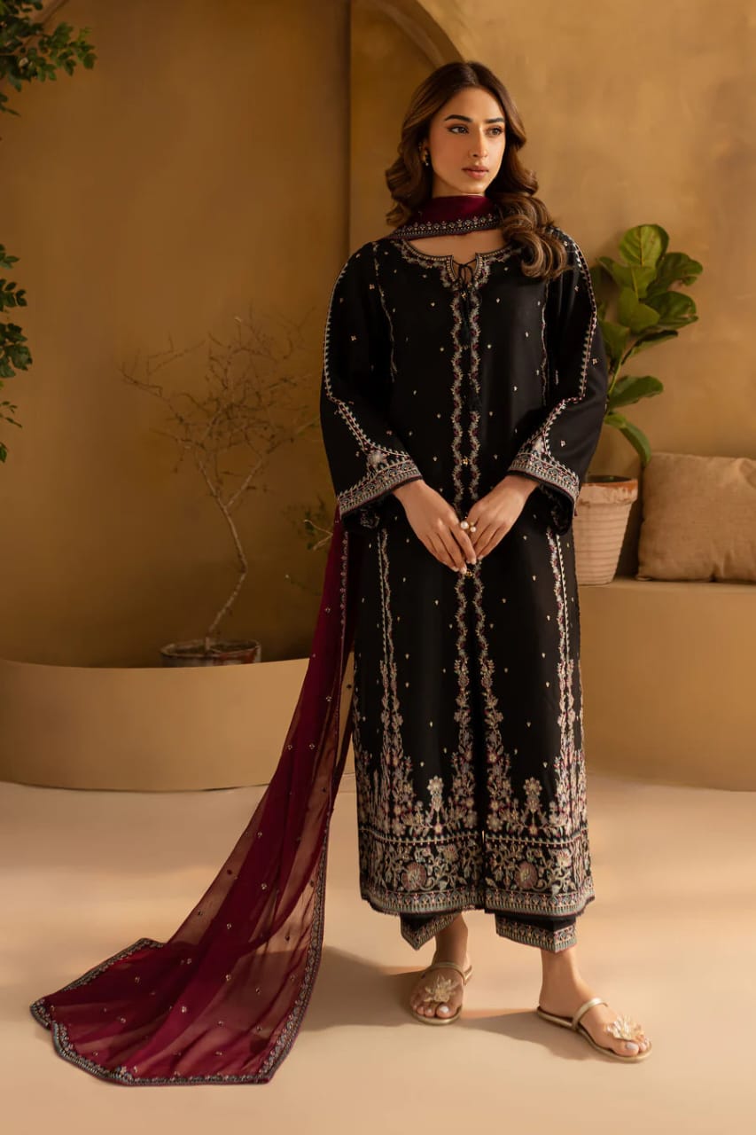 URGE AIRJET DHANAK 3PC BLACK EMBROIDERED SUIT WITH PRINTED SHAWL