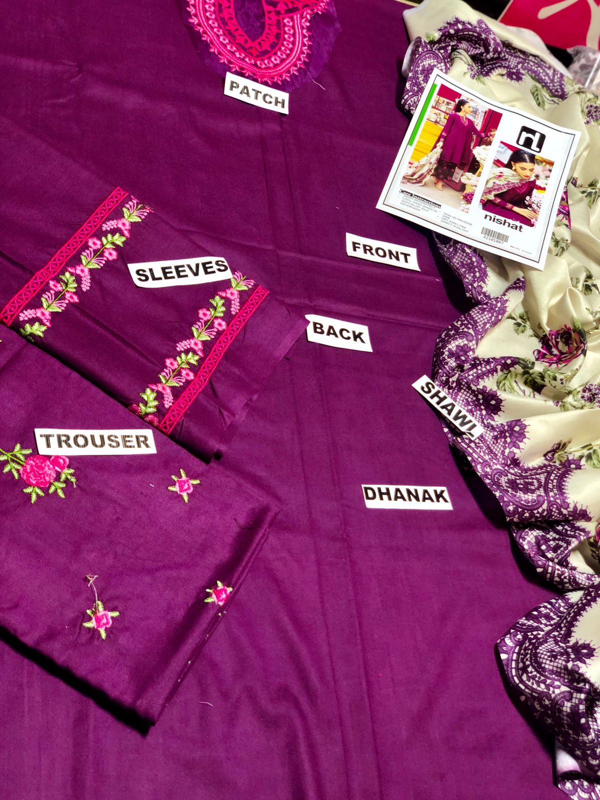 URGE AIRJET DHANAK 3PC PURPLE EMBROIDERED SUIT WITH PRINTED SHAWL