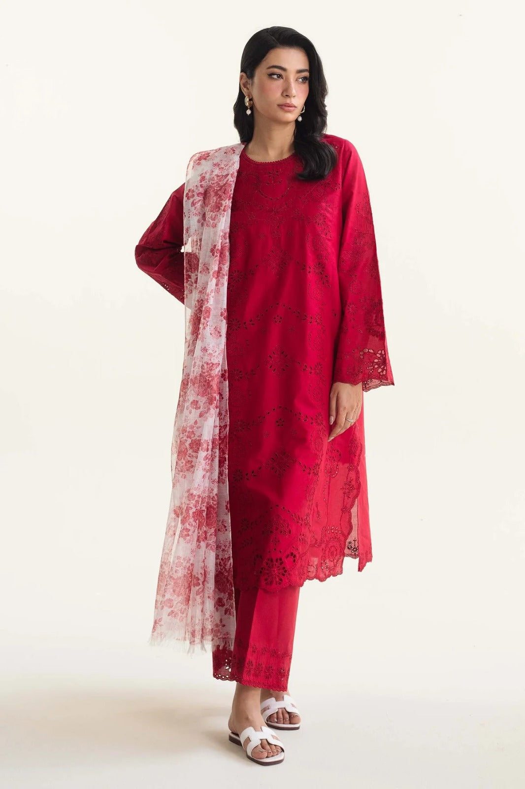 COCO BY ZARA SHAHJAHAN + IZNIK 3PC (PREMIUM DHANAK) RED WITH PRINTED SHAWL