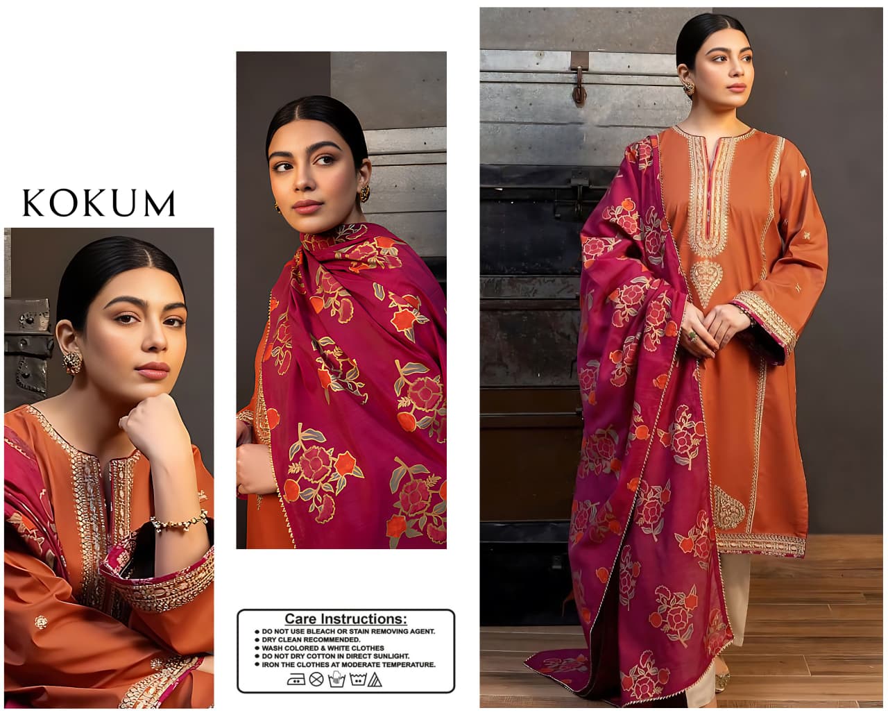 URGE AIRJET DHANAK 3PC ORANGE EMBROIDERED SUIT WITH PRINTED SHAWL