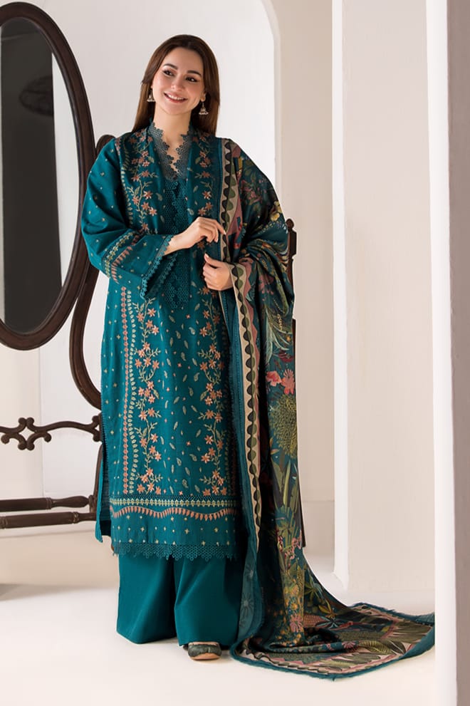 ZARA SHAHJAHAN 3PC (PREMIUM DHANAK) GREEN WITH PRINTED SHAWL