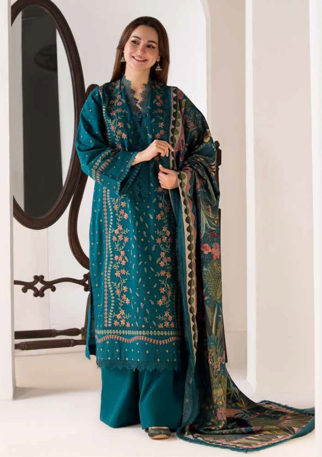 ZARA SHAHJAHAN 3PC (PREMIUM DHANAK) GREEN WITH PRINTED SHAWL