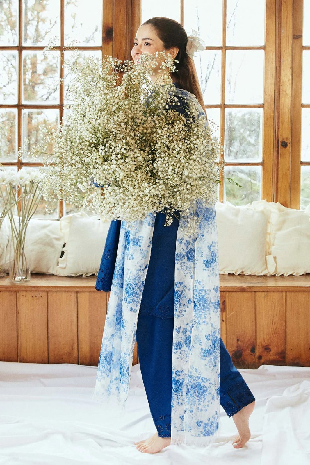 COCO BY ZARA SHAHJAHAN + IZNIK 3PC (PREMIUM DHANAK) NAVY WITH PRINTED SHAWL