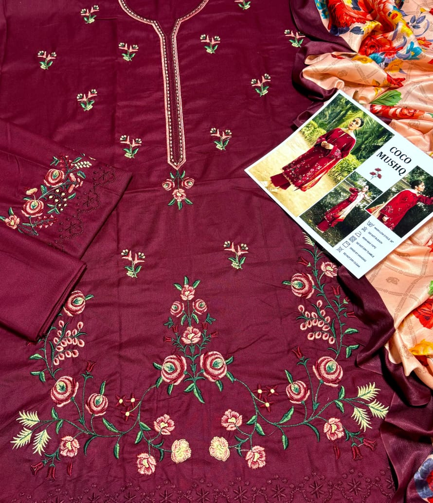 COCO BY ZARA SHAHJAHAN + IZNIK 3PC (PREMIUM DHANAK) MAROON WITH PRINTED SHAWL