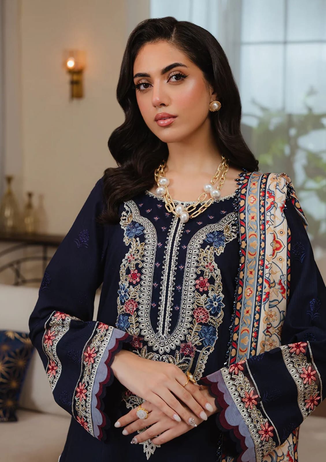 ZARA SHAHJAHAN 3PC (PREMIUM DHANAK) NAVY WITH PRINTED SHAWL