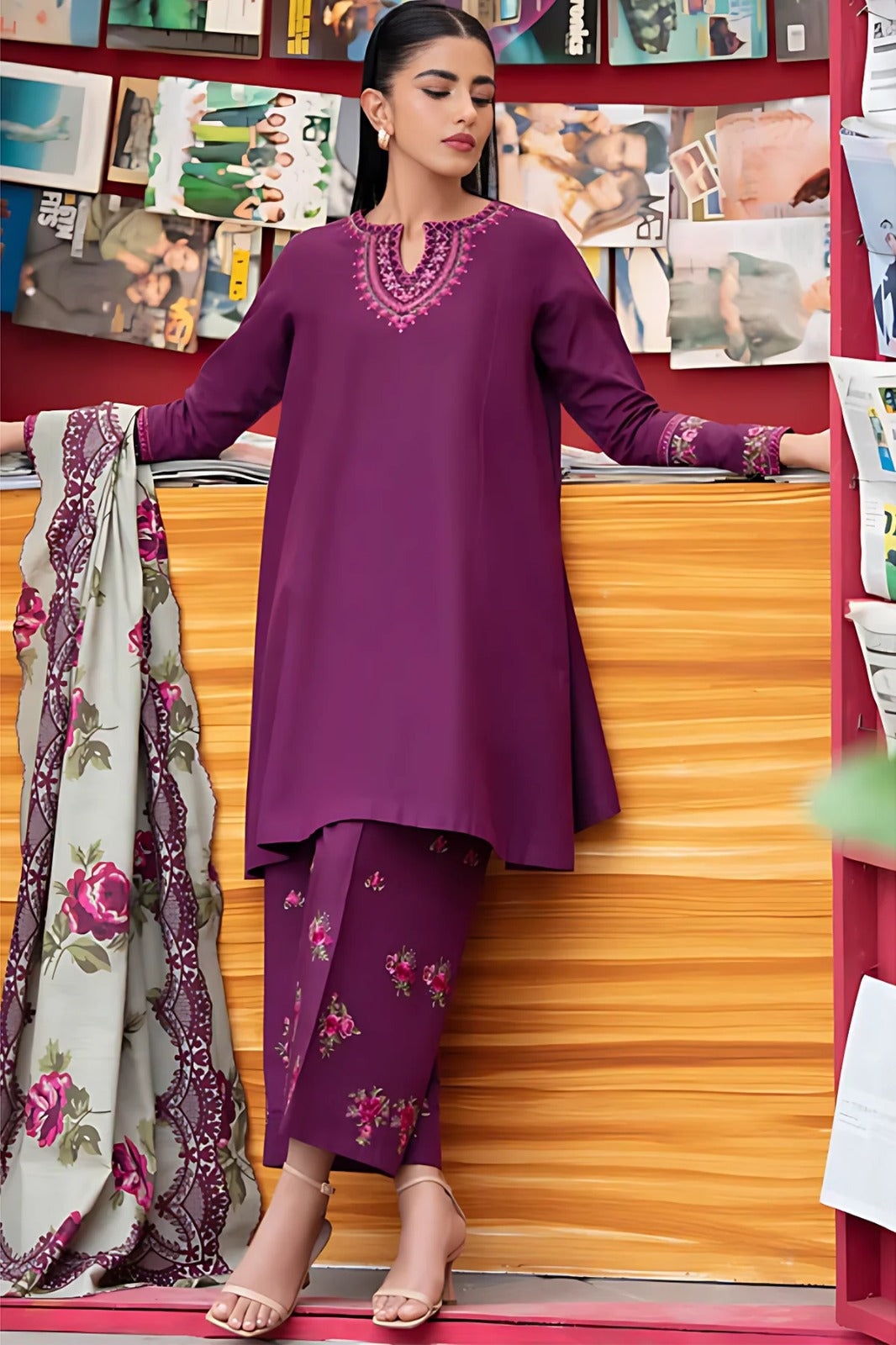 URGE AIRJET DHANAK 3PC PURPLE EMBROIDERED SUIT WITH PRINTED SHAWL