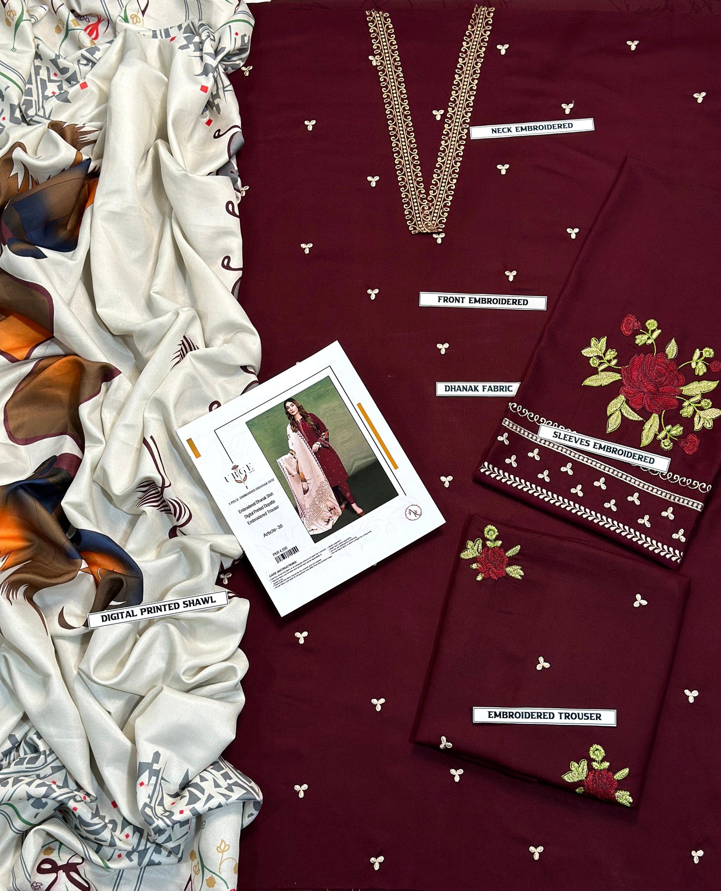 URGE AIRJET DHANAK 3PC MAROON EMBROIDERED SUIT WITH PRINTED SHAWL
