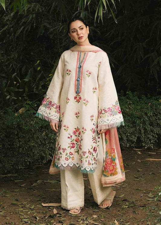 COCO BY ZARA SHAHJAHAN + IZNIK 3PC (PREMIUM DHANAK) CREAM WITH PRINTED SHAWL