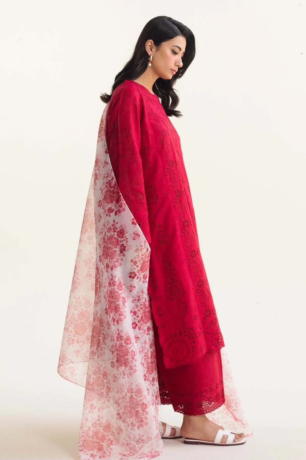 COCO BY ZARA SHAHJAHAN + IZNIK 3PC (PREMIUM DHANAK) RED WITH PRINTED SHAWL