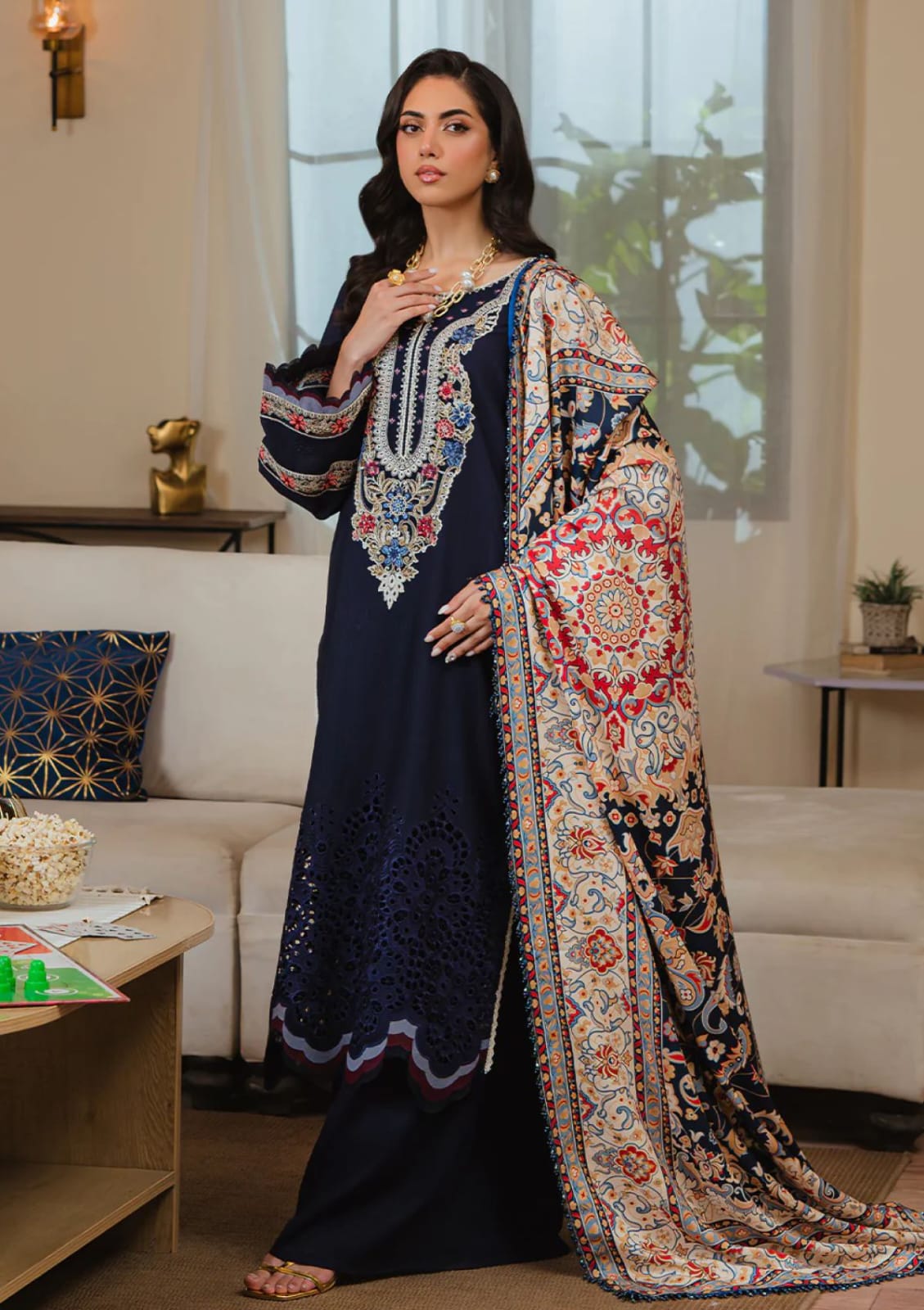 ZARA SHAHJAHAN 3PC (PREMIUM DHANAK) NAVY WITH PRINTED SHAWL