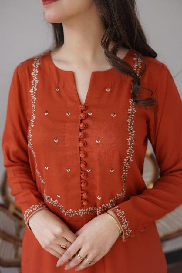 URGE AIRJET DHANAK 3PC ORANGE EMBROIDERED SUIT CREAM SHAWL