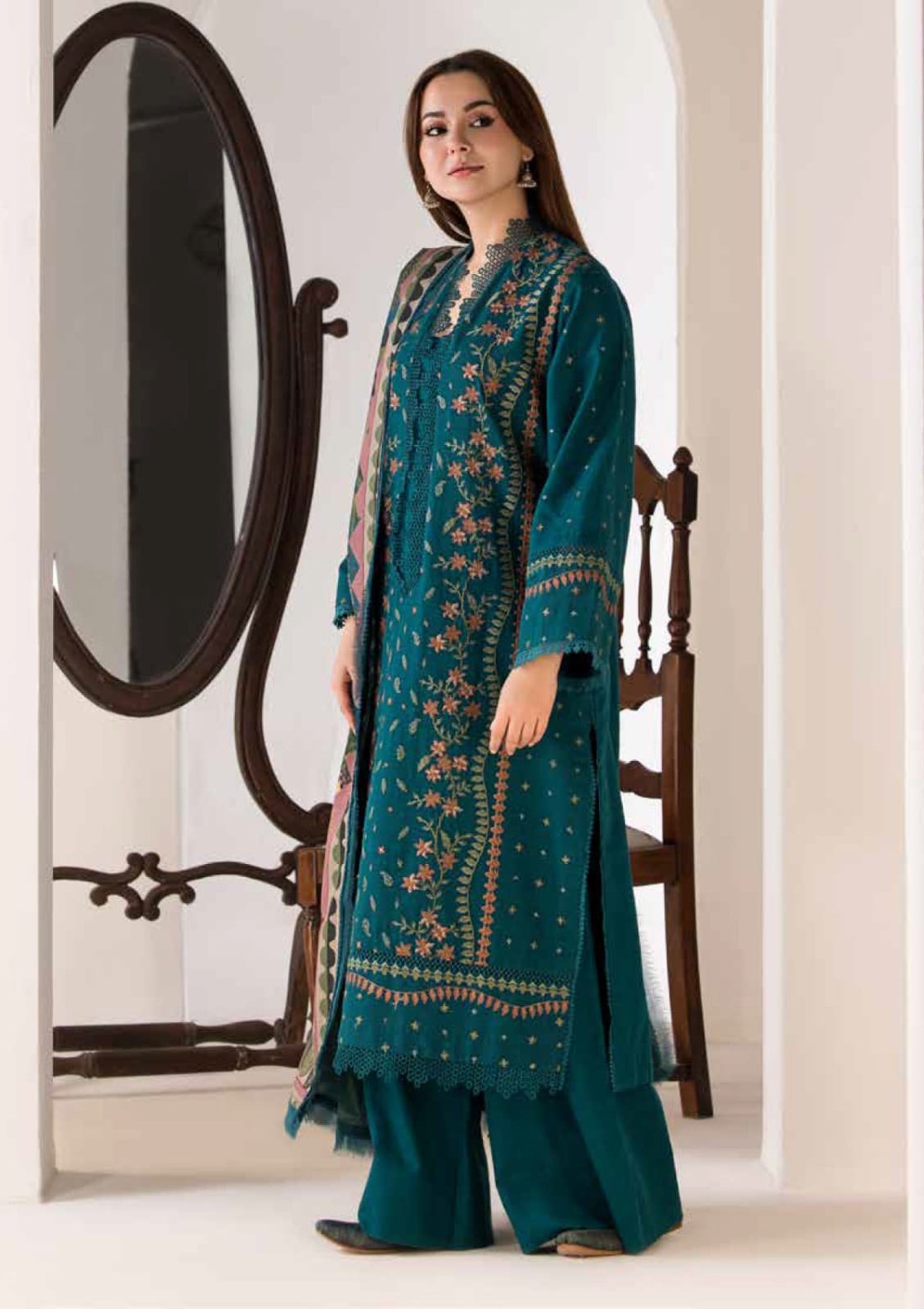 ZARA SHAHJAHAN 3PC (PREMIUM DHANAK) GREEN WITH PRINTED SHAWL