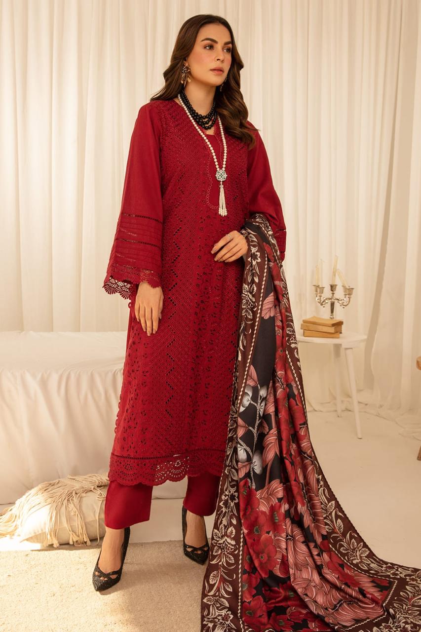 ZARA SHAHJAHAN 3PC (PREMIUM DHANAK) RED WITH PRINTED SHAWL