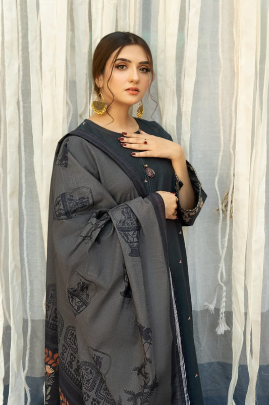 URGE AIRJET DHANAK 3PC DARK GREEN EMBROIDERED SUIT WITH PRINTED SHAWL