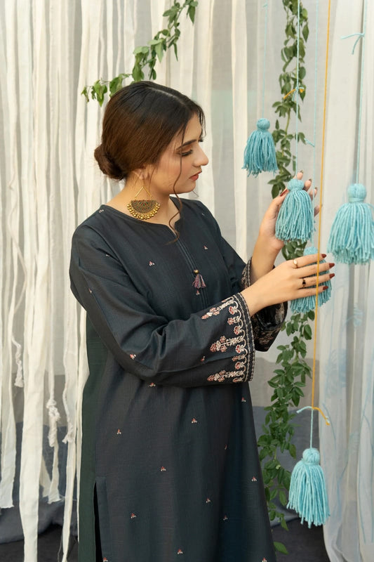 URGE AIRJET DHANAK 3PC DARK GREEN EMBROIDERED SUIT WITH PRINTED SHAWL