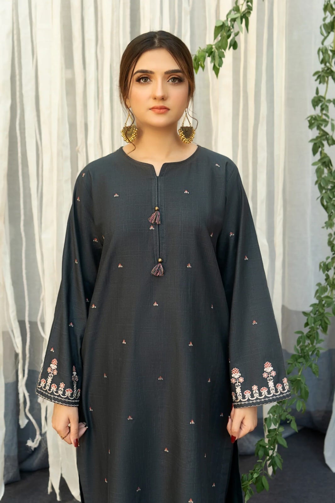 URGE AIRJET DHANAK 3PC DARK GREEN EMBROIDERED SUIT WITH PRINTED SHAWL