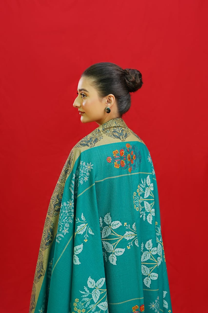 URGE AIRJET DHANAK 3PC RED EMBROIDERED SUIT WITH PRINTED SHAWL