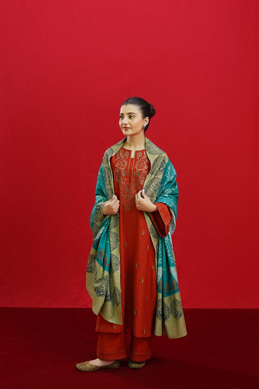 URGE AIRJET DHANAK 3PC RED EMBROIDERED SUIT WITH PRINTED SHAWL