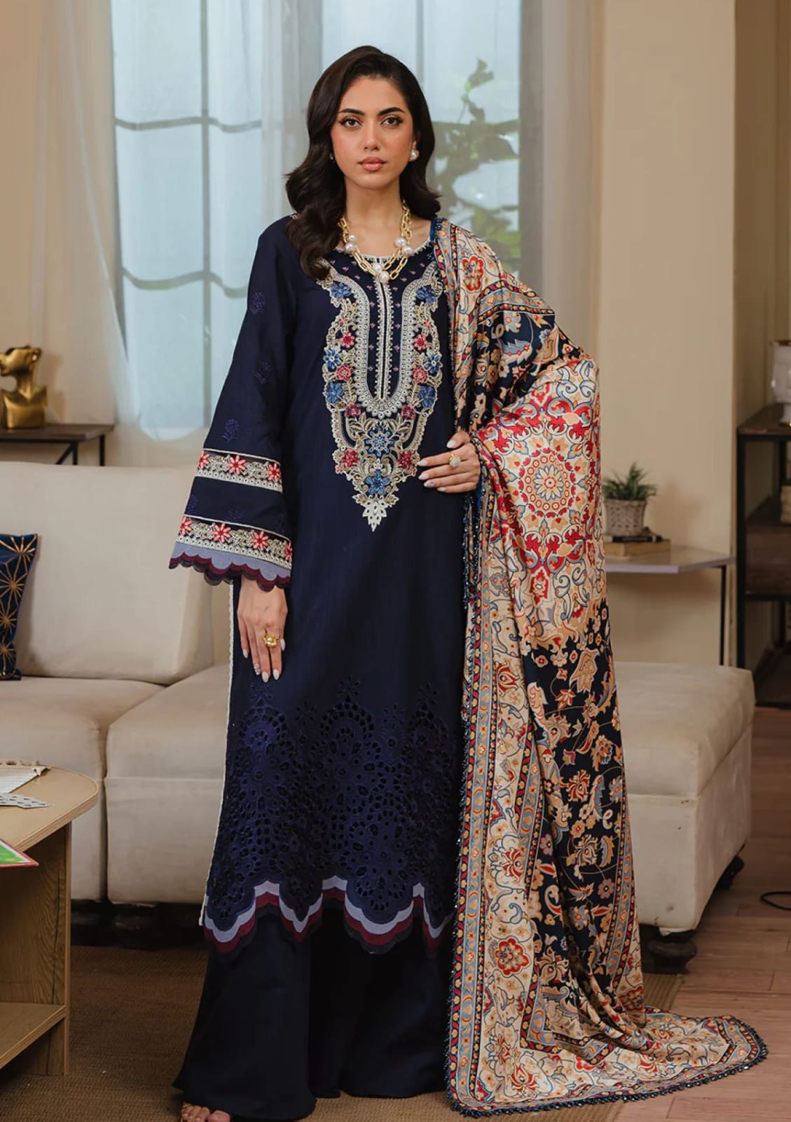 ZARA SHAHJAHAN 3PC (PREMIUM DHANAK) NAVY WITH PRINTED SHAWL