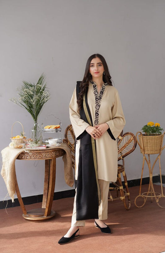 URGE AIRJET DHANAK 3PC CREAM EMBROIDERED SUIT WITH PRINTED SHAWL