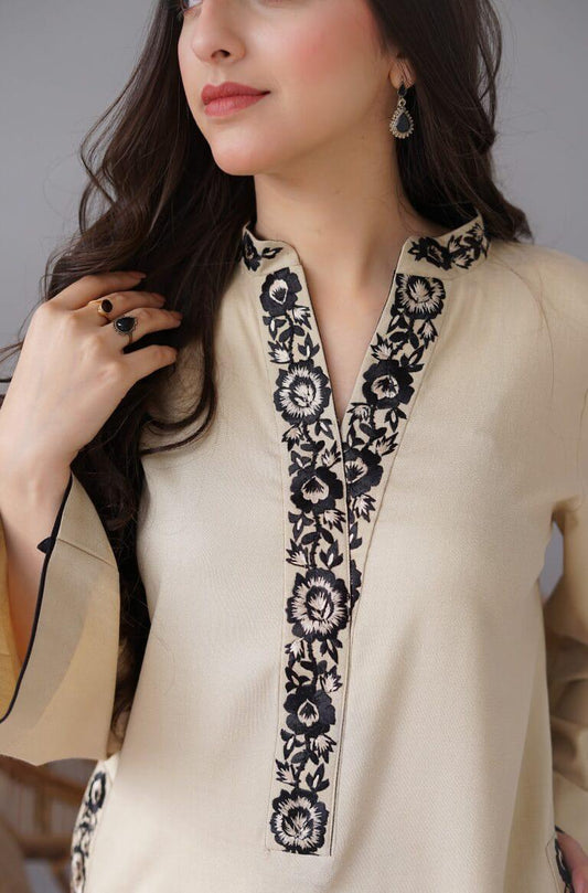 URGE AIRJET DHANAK 3PC CREAM EMBROIDERED SUIT WITH PRINTED SHAWL