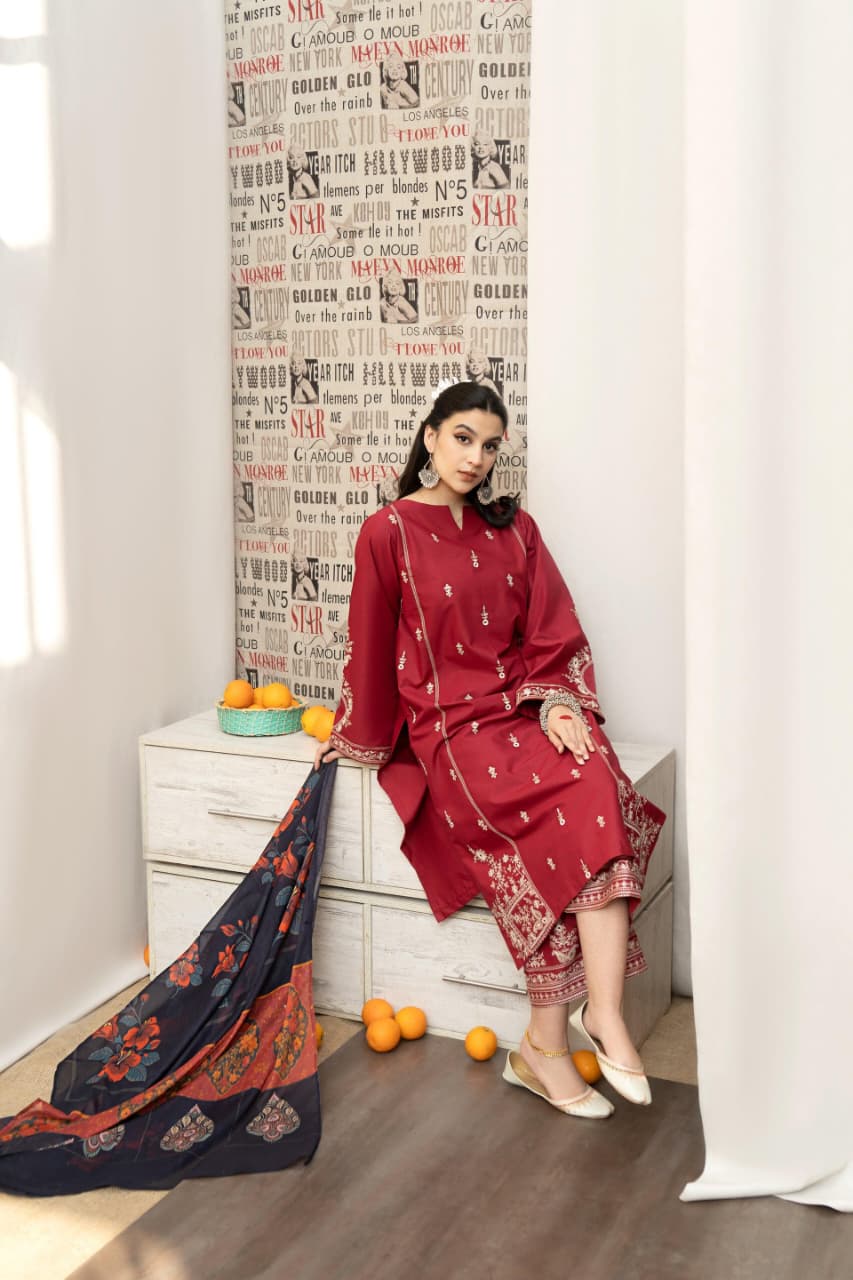 URGE AIRJET DHANAK 3PC RED EMBROIDERED SUIT WITH PRINTED SHAWL