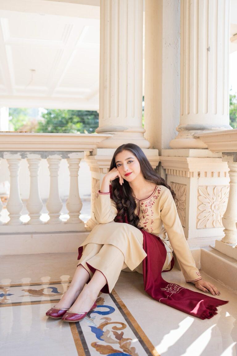URGE AIRJET DHANAK 3PC CREAM EMBROIDERED SUIT WITH PRINTED SHAWL